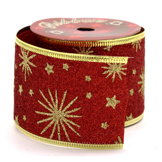 Schleifenband aus Stoff 6,3 cm x 2,7 m in Rot Glitzer mit Sternen - 1 Stück