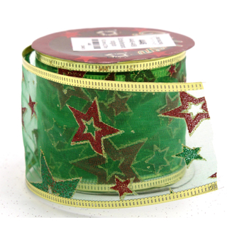 Schleifenband aus Stoff 6,3 cm x 2,7 m in Grün Glitzer mit Sternen - 1 Stück