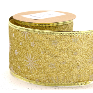 Schleifenband aus Stoff 6,3 cm x 2,7 m in Gold Glitzer mit Sternen - 1 Stück