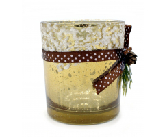 Teelichthalter aus Glas gold-braun mit Schnee und Tannen-Zapfen 1 Stück 7 x 8cm
