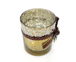 Teelichthalter aus Glas gold-braun mit Schnee und Tannen-Zapfen 1 Stück 7 x 8cm