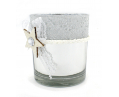 Teelichthalter aus Glas weiß und silber spiegelnd mit Stern 1 Stück 7 x 8cm
