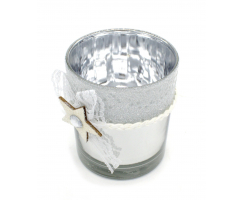 Teelichthalter aus Glas weiß und silber spiegelnd mit Stern 1 Stück 7 x 8cm