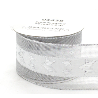 Schleifenband 4cm x 200cm silber - weiß mit Sternen 1 Stück
