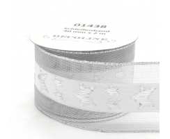 Schleifenband 4cm x 200cm silber - weiß mit Sternen...