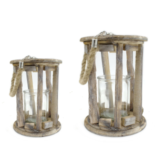 Holz-Laterne mit Kerzenglas und Seil-Griff