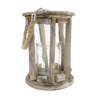 Holz-Laterne mit Kerzenglas und Seil-Griff S - Ø 14 x 19cm