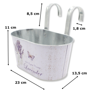 Metall Hängetopf mit 2 Henkeln - 23cm x 11cm Lavendel und Schmetterling 2 Stück